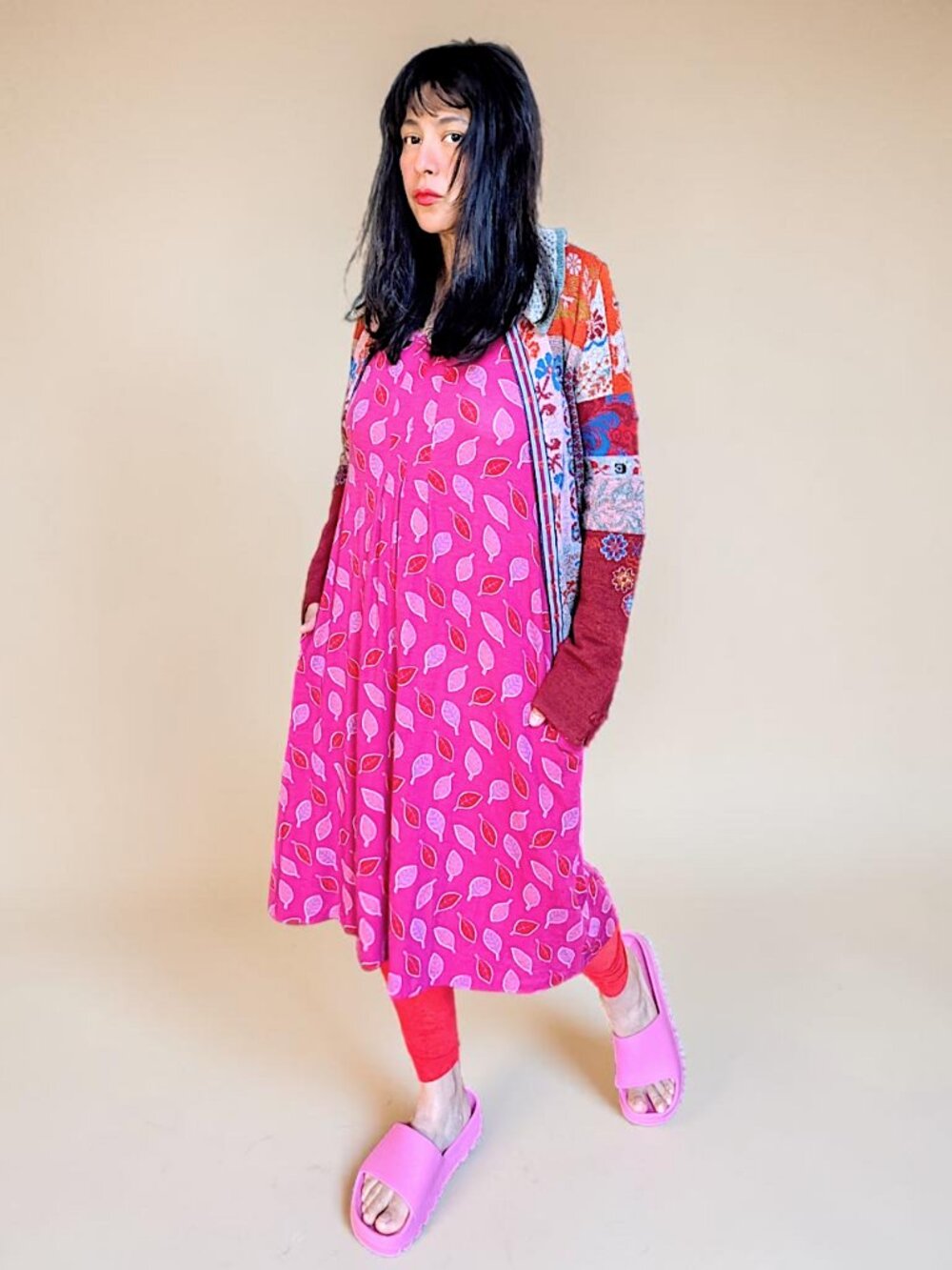 Gudrun Sjoden pink red botanical leaf fairy cottage kitsch pin tuck dress W's S